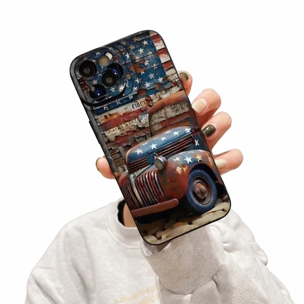 iPhone Phone Case American Flag Vintage Truck Black TPU Shockproof Case
